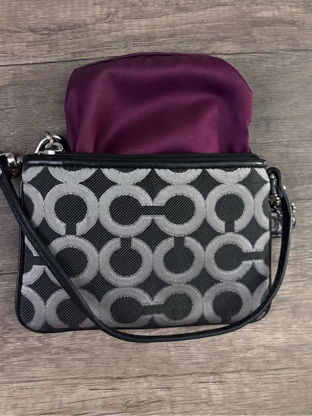 Coach Black & Gray Signature Wristlet with Leather Trim